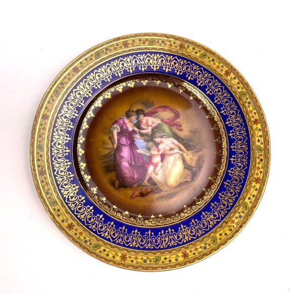 Set of 3 Antique Angelica Kauffman Style D.F.Czech Plates 61/4" Cobalt &Gold 22K - Picture 2 of 13